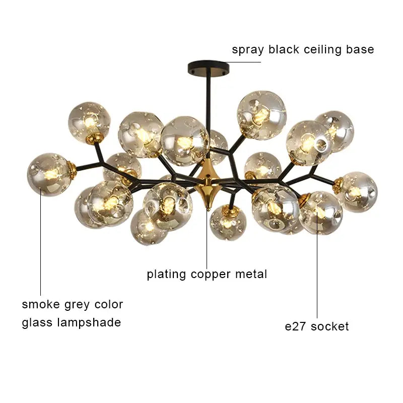 Smoke grey glass ball chandelier on a slim black iron frame