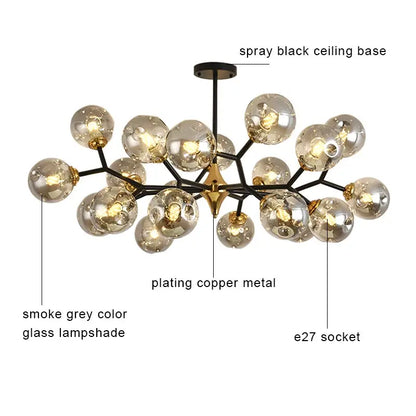 Smoke grey glass ball chandelier on a slim black iron frame