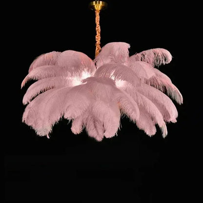 Purple feather chandelier shown in neutral 4200K light on iron