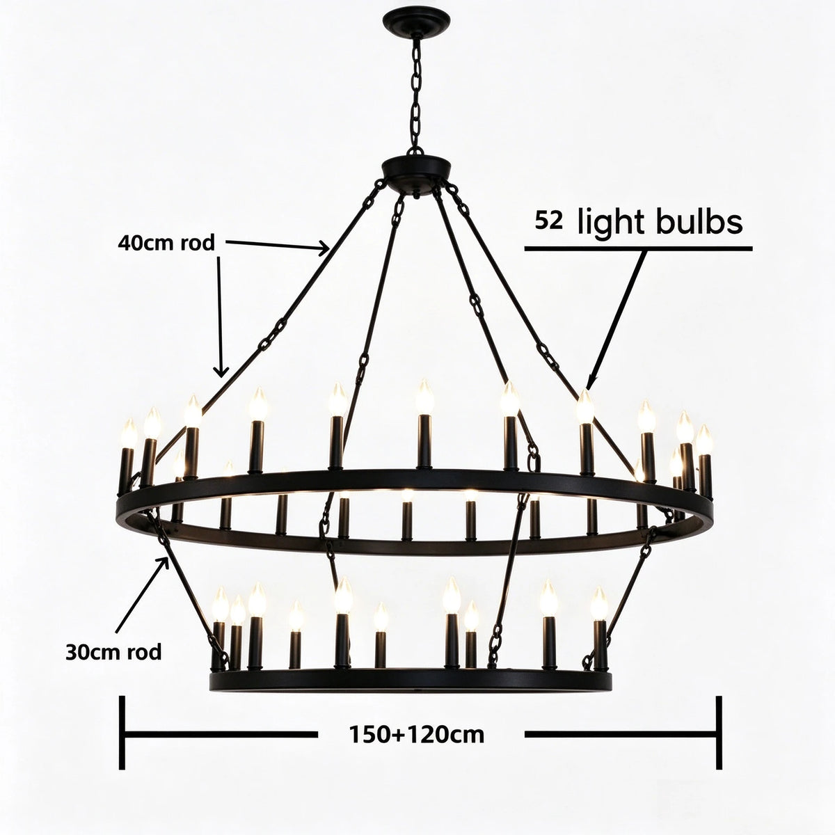 Iron candle chandelier shown lit in warm upward E14 light