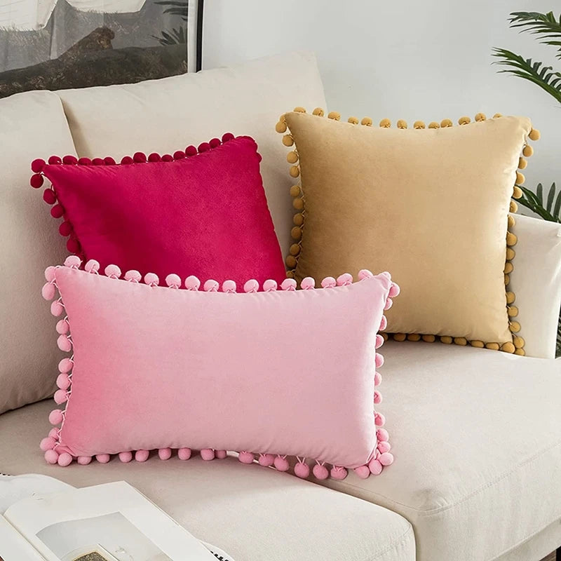 Velvet Pom-Pom Throw Pillow Cover — styling detail