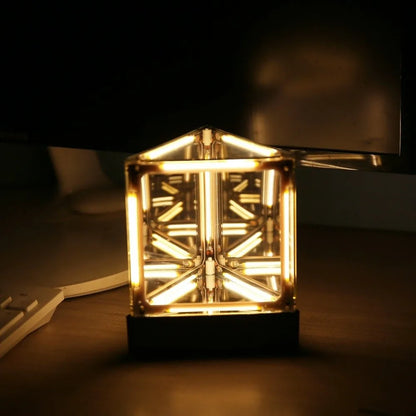 4D geometric maglev lamp overhead view of rotating hypercube shape