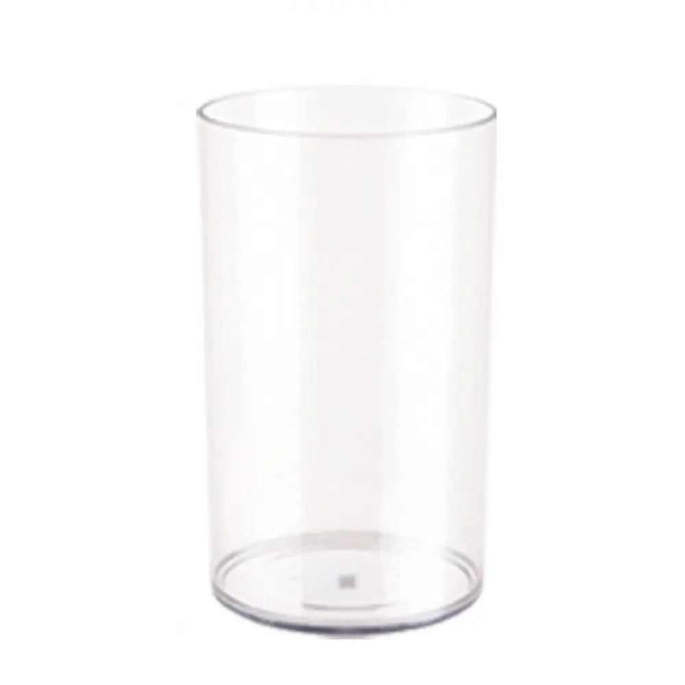 Acrylic cylinder vases displayed in a wedding reception hall with rose arrangements