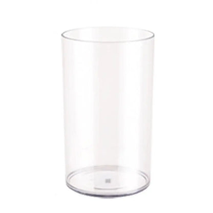 Acrylic cylinder vases displayed in a wedding reception hall with rose arrangements