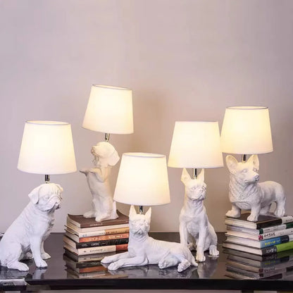 Dog table lamp switched on warm glow on children room nightstand