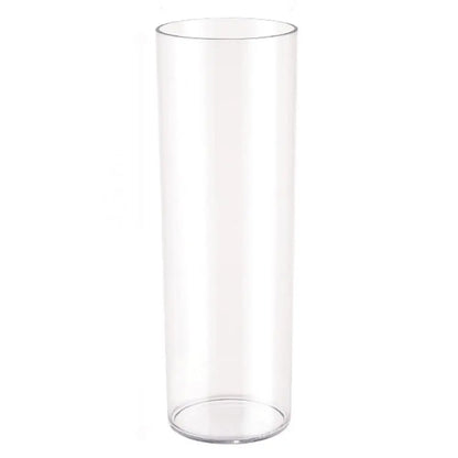 Shatterproof acrylic cylinder vase outdoors on a patio table with fresh flowers
