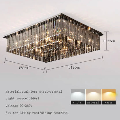 Dense spacing of black crystal elements on a modern iron chandelier frame