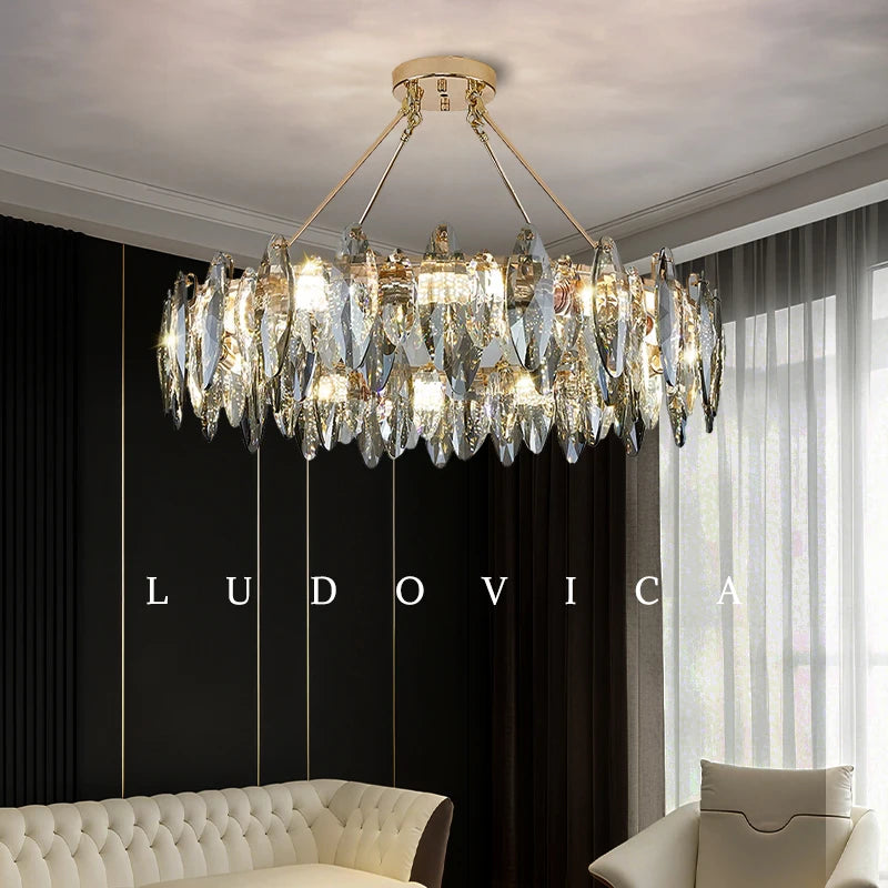 Luxury plated crystal chandelier with integrated LED light on a slim frame