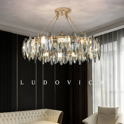 Luxury plated crystal chandelier with integrated LED light on a slim frame