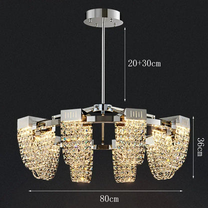 Crystal ceiling chandelier lit in neutral light on ironware