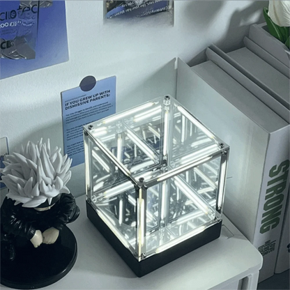 White triangle maglev hypercube night light with LED glow underneath base