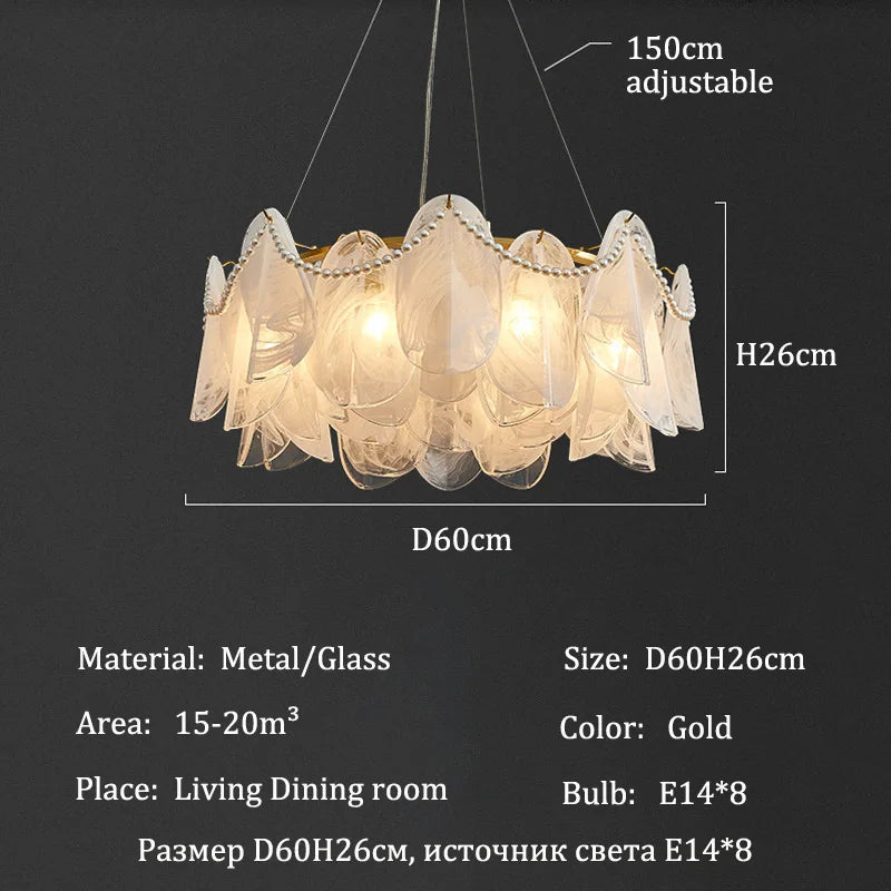 Luxury glass chandelier in white 6000K light on a gold iron body