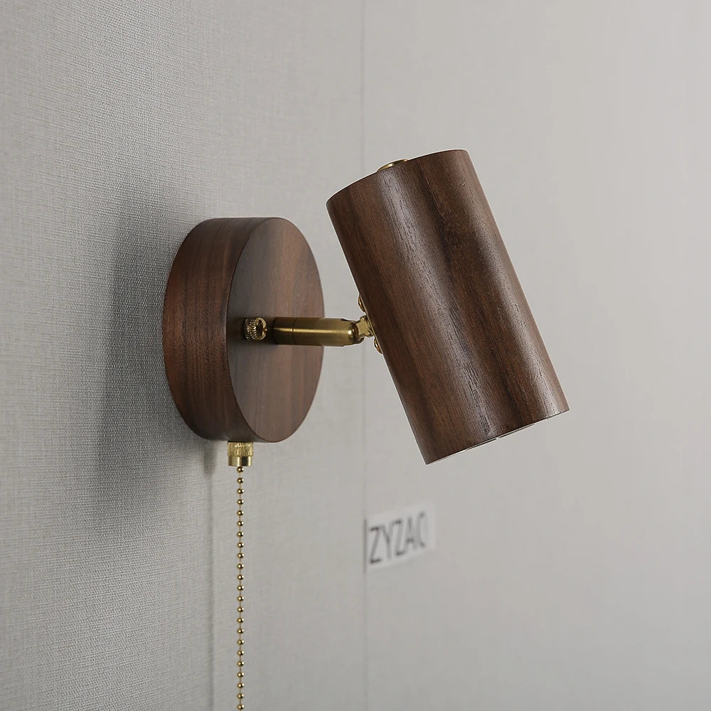Walnut Wood Pull Cord Wall Sconce