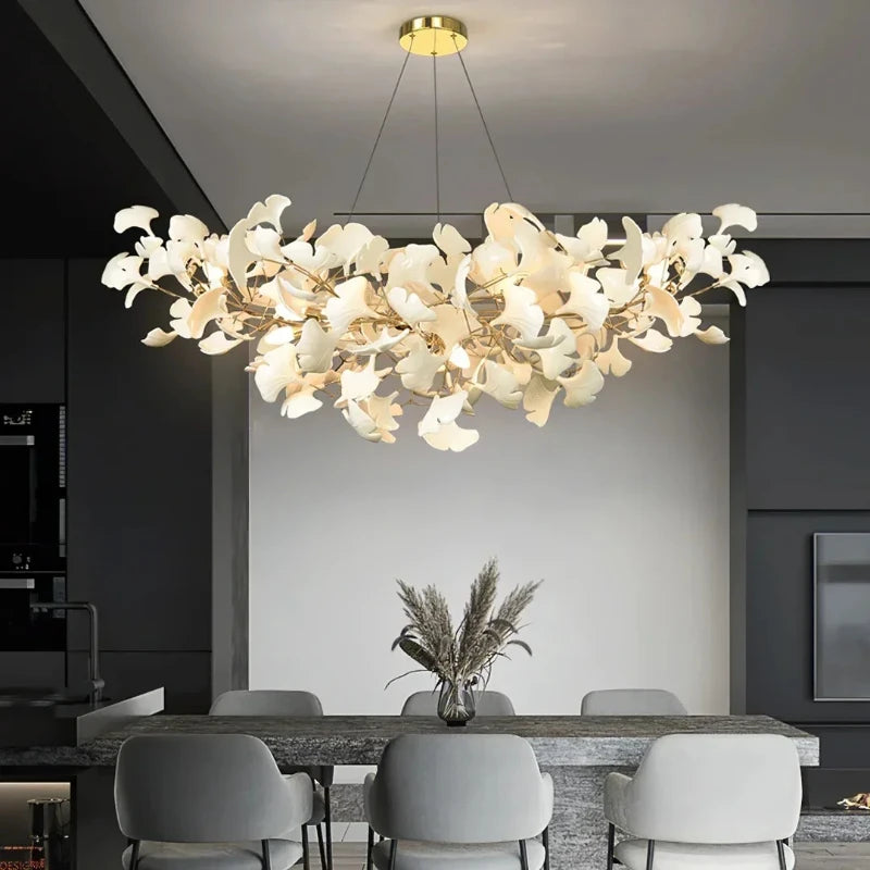 Long ginkgo leaf chandelier in brushed nickel finish with G9 LED bulbs included