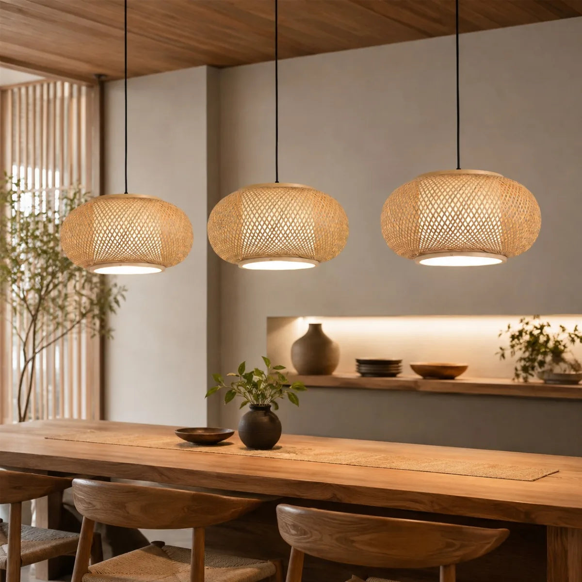Natural bamboo chandelier at 60 centimetres diameter