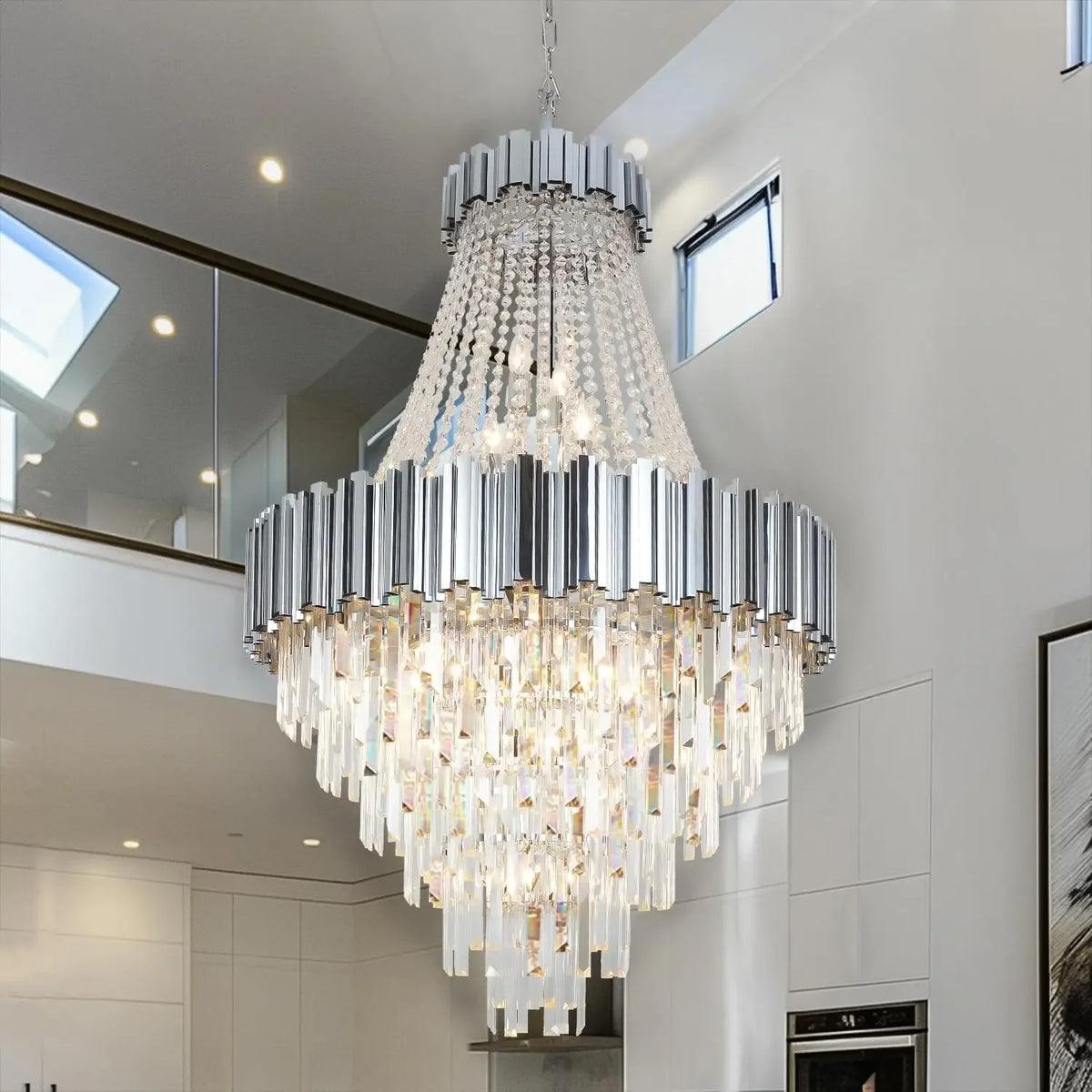 Round crystal chandelier at 23.6 in diameter with chrome hardware