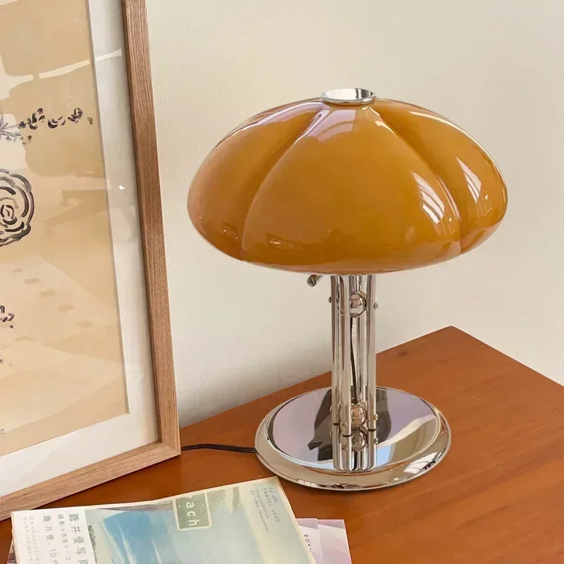 Bauhaus LED table lamp pumpkin form close-up showing orange glass