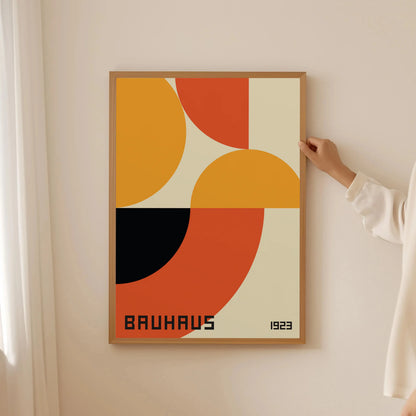 Abstract geometric Bauhaus print displayed on gallery wall in modern home