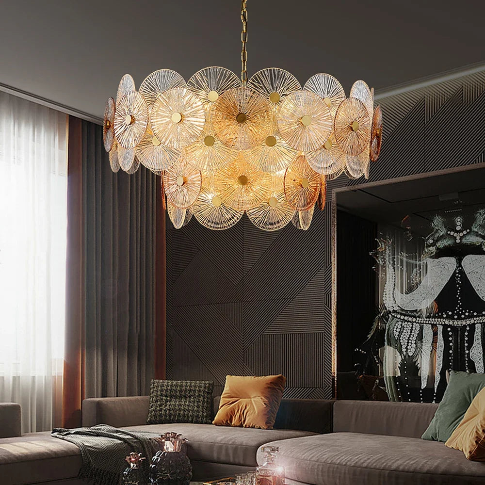 Single layer lotus leaf chandelier at 31.5 in (80 cm) in gold