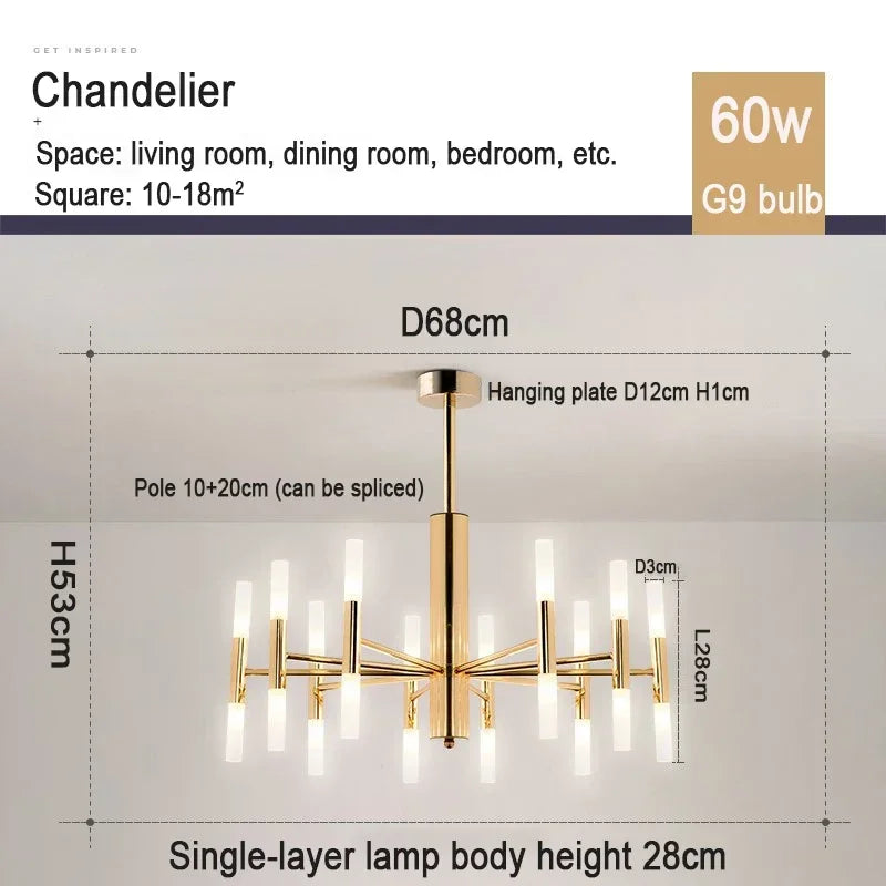 Gold geometric chandelier in the long drop twenty head configuration