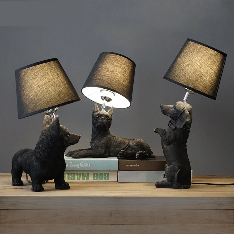 White puppy dog novelty table lamp front view on bedroom bedside table