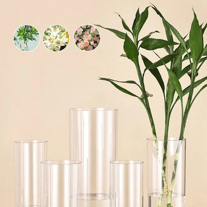 Clear acrylic 12x40cm tall cylinder vase with fresh tropical leaves arrangement