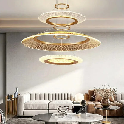 Polished copper gold ring chandelier with acrylic light diffusers