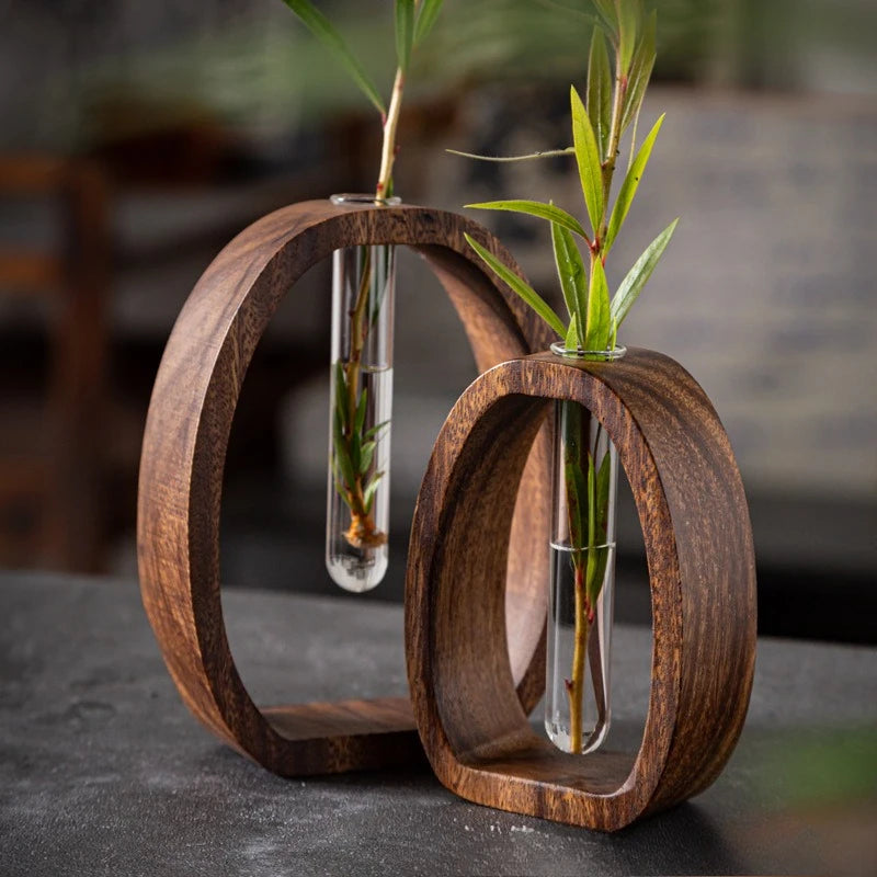 Walnut wood glass terrarium hydroponic vase set with wood base