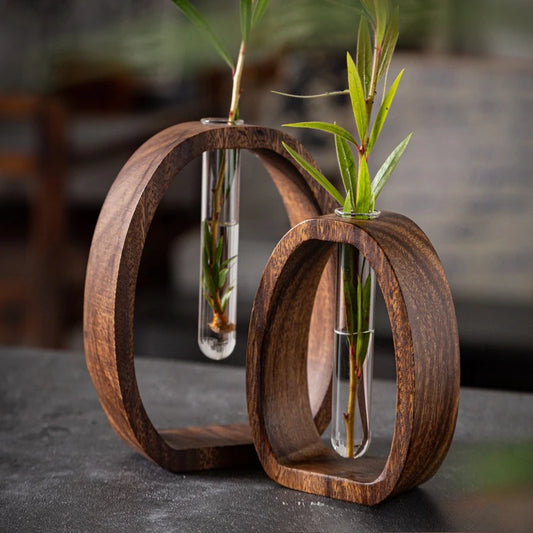 Walnut wood glass terrarium hydroponic vase set with wood base