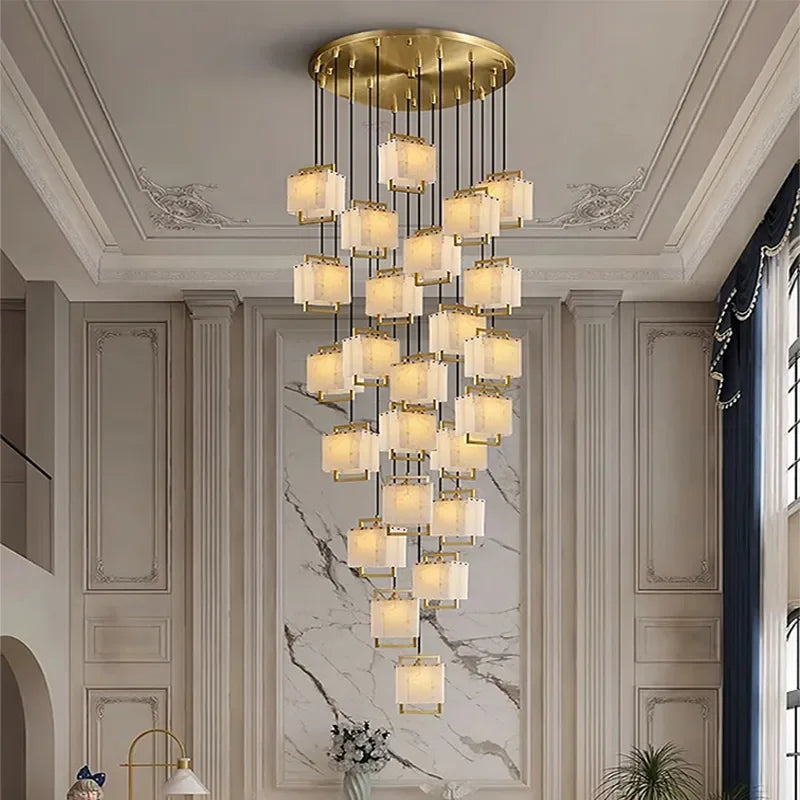 Three light marble chandelier with shadeless up and down heads