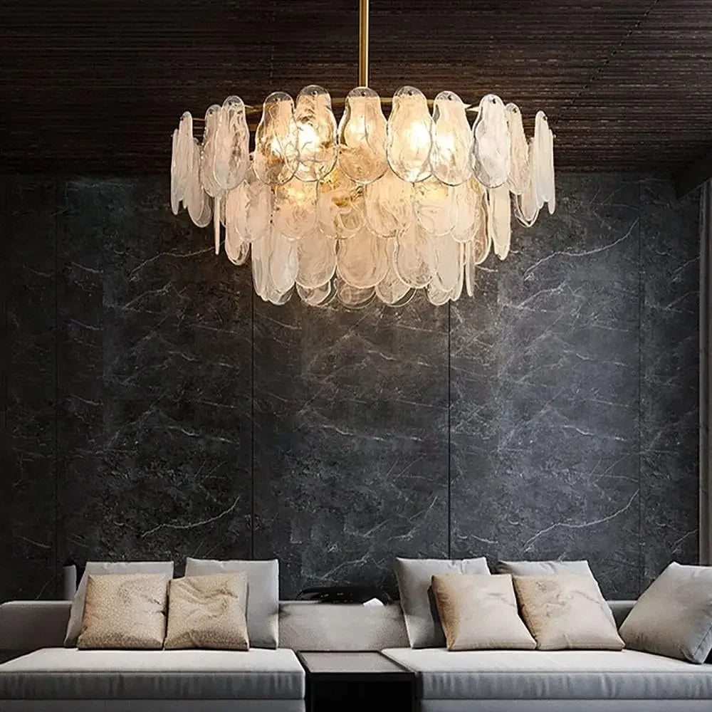 Multilayer lantern crystal chandelier in a golden polished steel finish