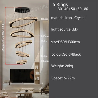 Three ring crystal chandelier, 31.5 in across, in a gold finish