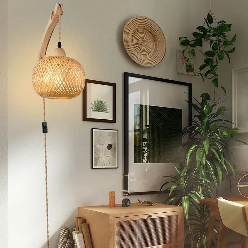 rattan wall sconce, close-up of shade and hardware detail