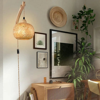 rattan wall sconce, close-up of shade and hardware detail