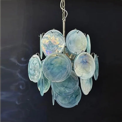 Glass disc chandelier, 23.6 inch round, in silver with pink glass