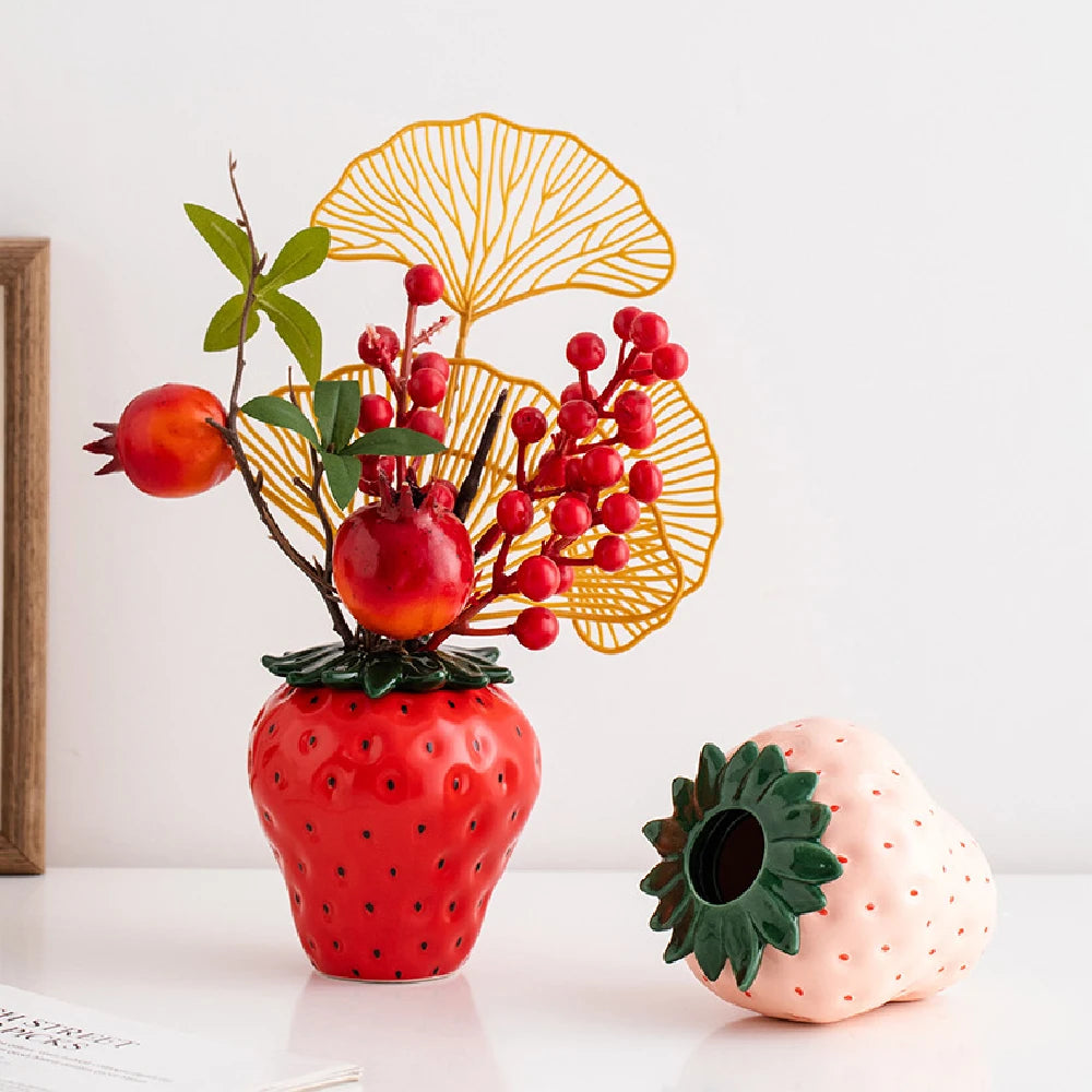 Strawberry ceramic flower vase in red and pink home décor
