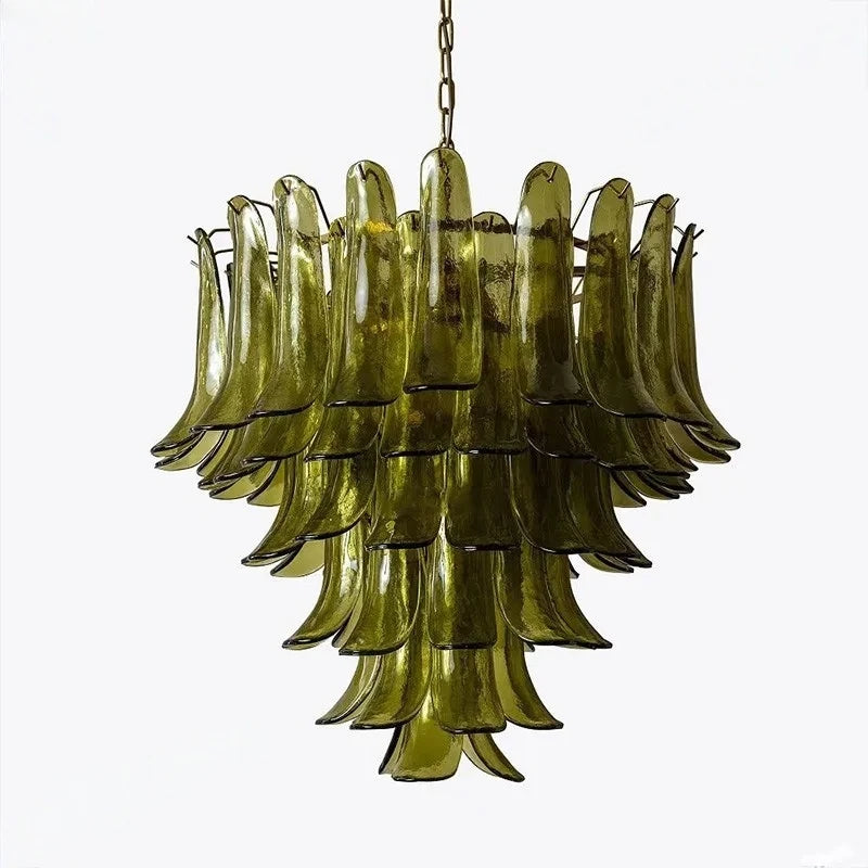 Hand blown cloud glass chandelier with tiered arms and brushed stainless finish