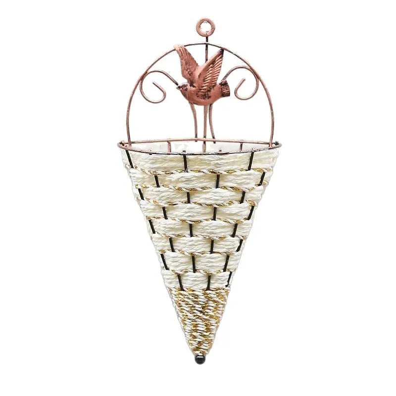 Rattan wall hanging planter wicker flower basket iron pot décor