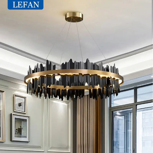 Luxury round copper chandelier with a forged ring in a gold finish
