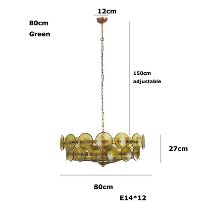 Round glass chandelier at 31.5 in across lighting up and down