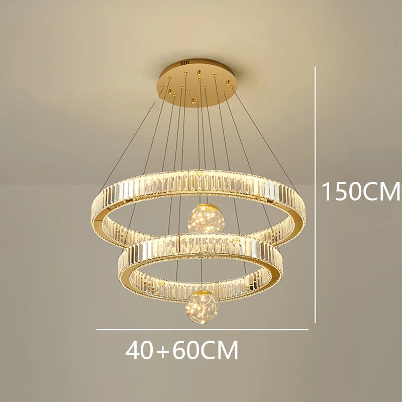 Seven ring crystal chandelier in gilded silver stainless steel