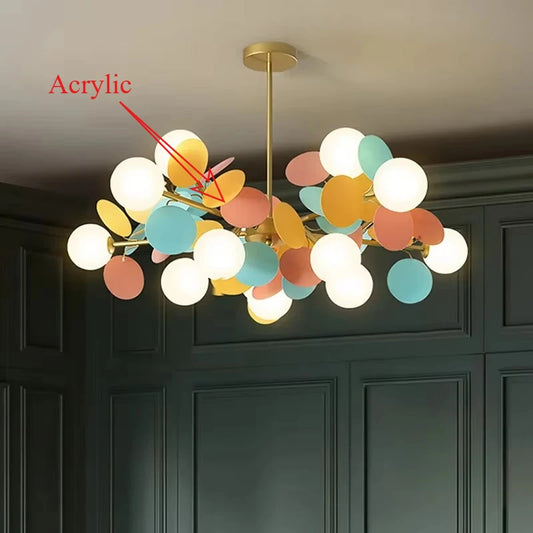 Colourful glass branch chandelier with small shades on branching iron arms