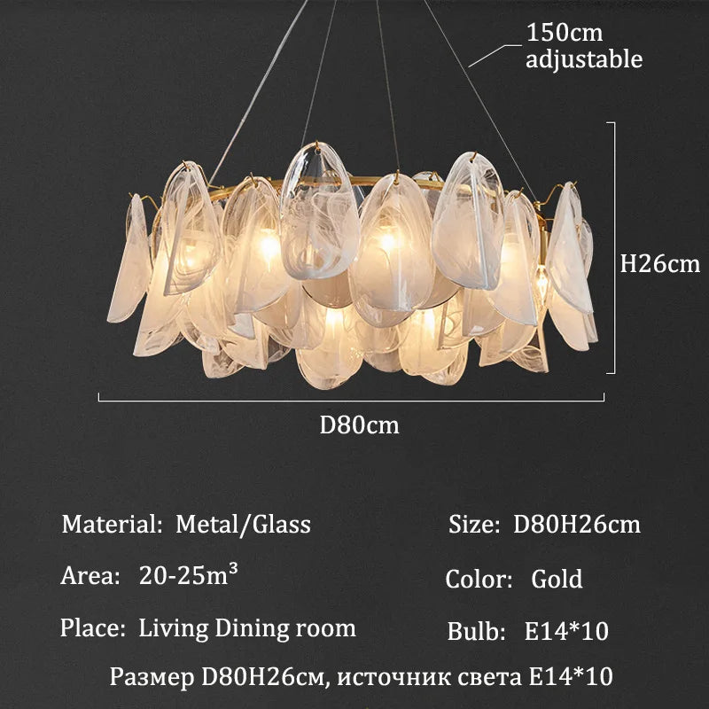Round gold and glass chandelier at 31.5 in across for a living room