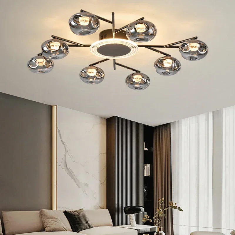 Black glass ball chandelier with twelve smoked gray glass globes