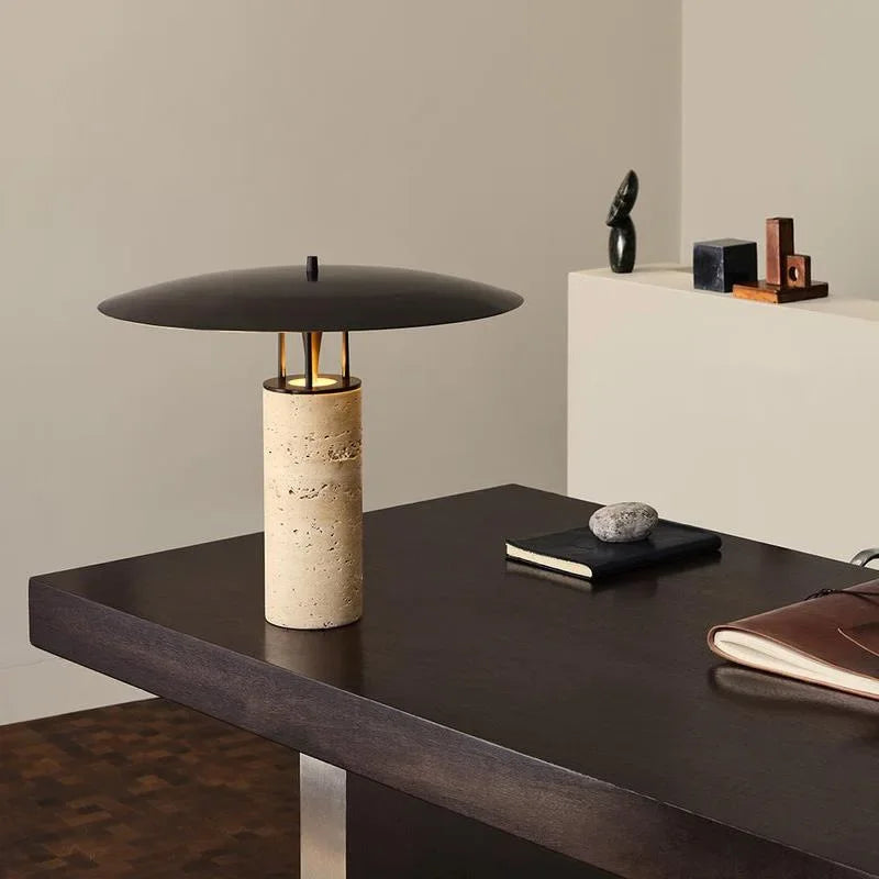 Nordic yellow stone designer table lamp close-up base texture detail