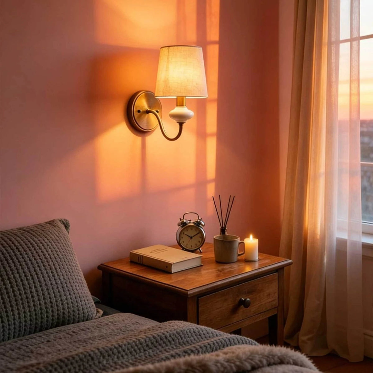ceramic wall sconce, detail view of fixture base and arm