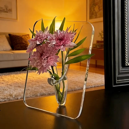 Style B transparent acrylic frame vase showing inserted photo display