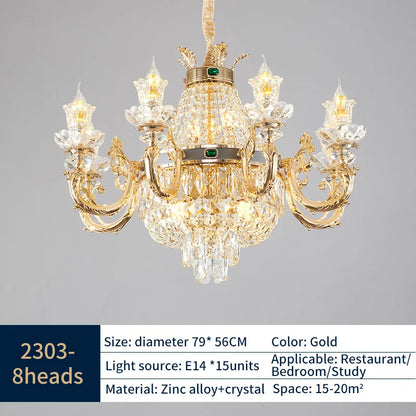 Crystal chandelier detail showing faceted drops hung along each tiered arm