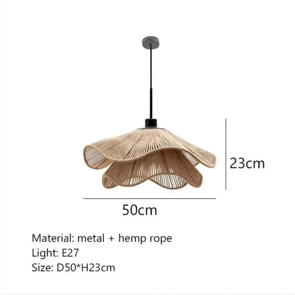 Minimalist hemp rope chandelier shade on a cord pendant fitting
