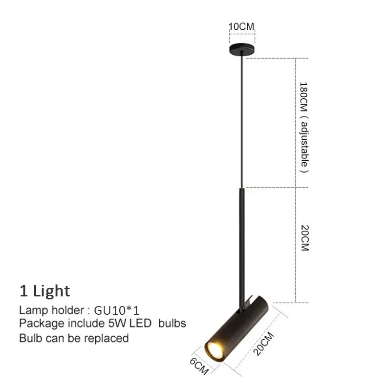 Narrow cylindrical spot chandelier for accent lighting of 1 to 3 square metres